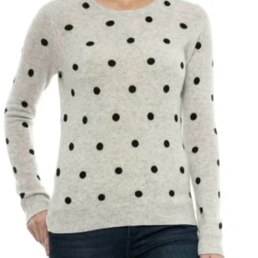 Cynthia Rowley Light Gray Black Polka Dot Sweater cashmere large crew neck Grey